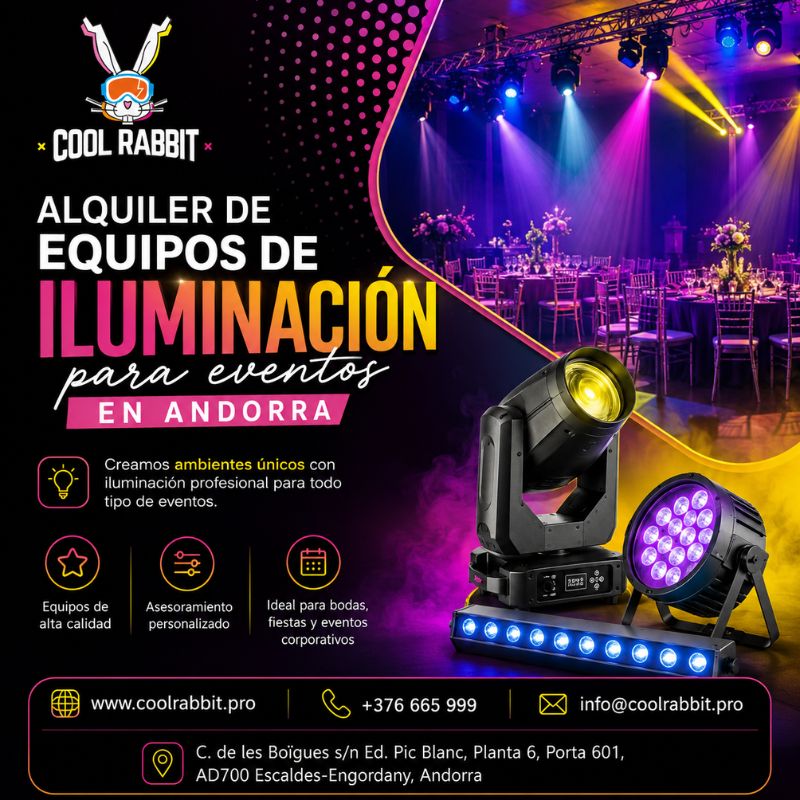 Alquiler de equipos de iluminación para eventos en Andorra con Cool Rabbit